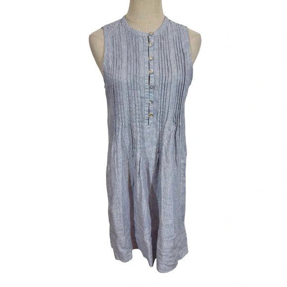 Faherty Isha 100% Linen Dress Blue Mini Stripe Pintuck WDS2119-BMT Bestseller - Picture 5 of 10